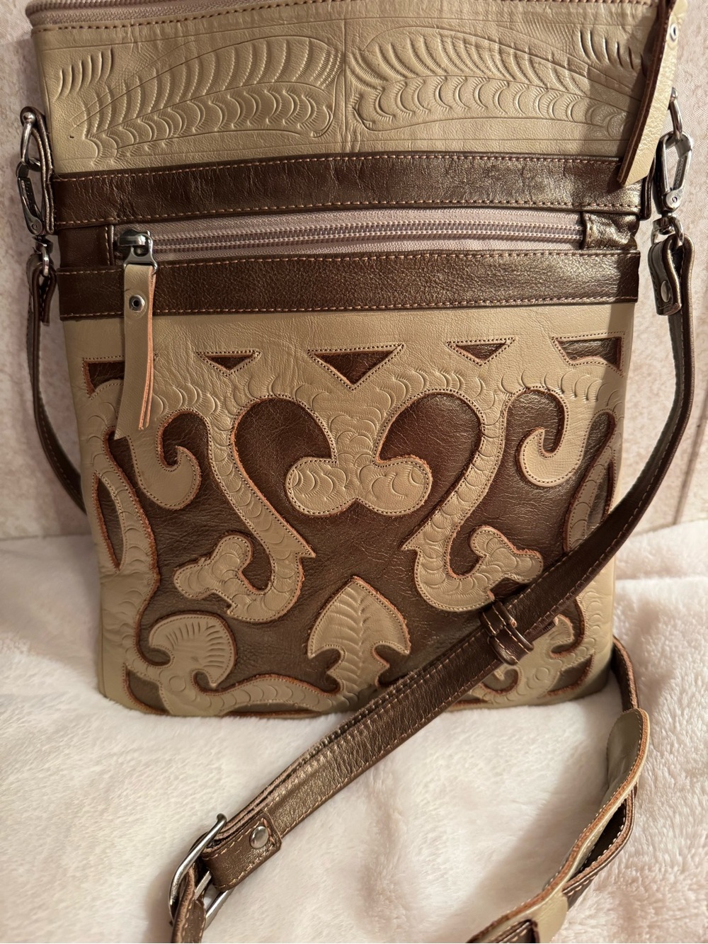 Labrado Leather in Beige and Brown - crossbody Embossed Leather Design - Picture 15 of 15